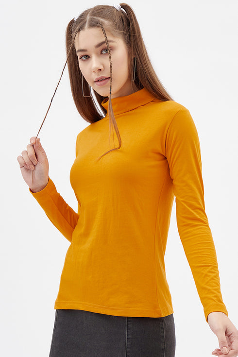 Women Mustard Highneck Full sleeves T-shirt